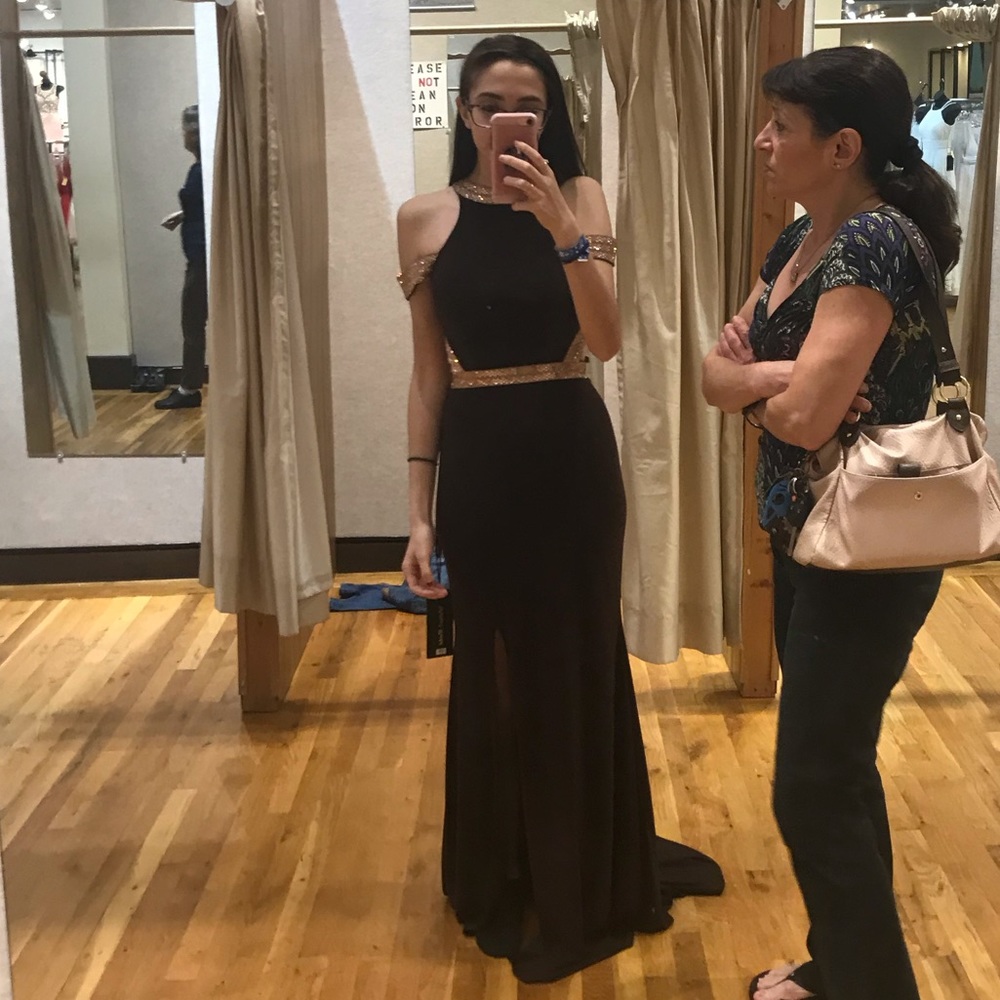 Brown and rose gold off the shoulder elegant dress - Picture 2 of 7